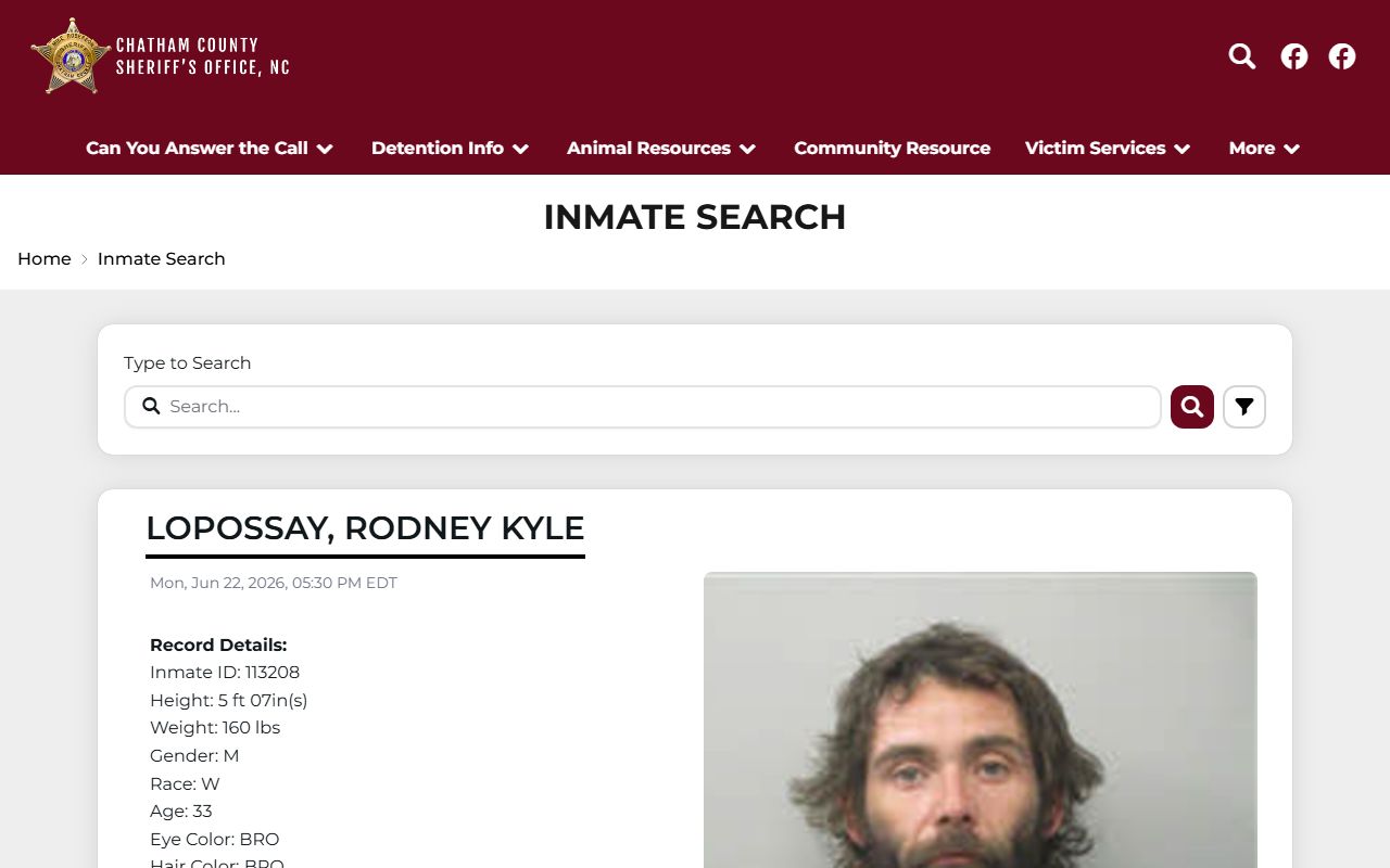 Chatham County inmate population roster search page
