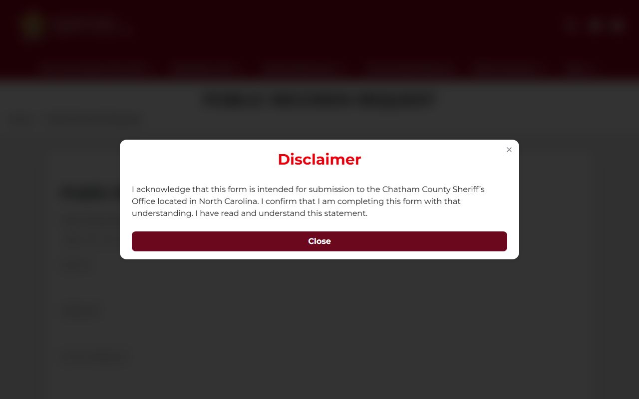 Chatham County public records request page for booking photo requests
